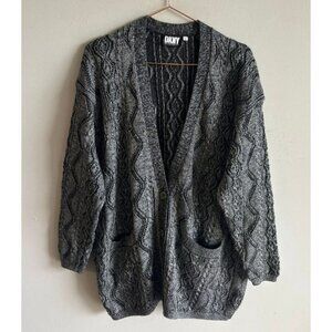 DKNY Womens Metallic Knit Cardigan Sweater Black Silver Chunky Knit Size L